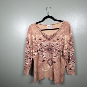 Cactus Bay Apparel Women's Sz XL Tan Embellished Southwestern Aztec 3/4 Sleeve